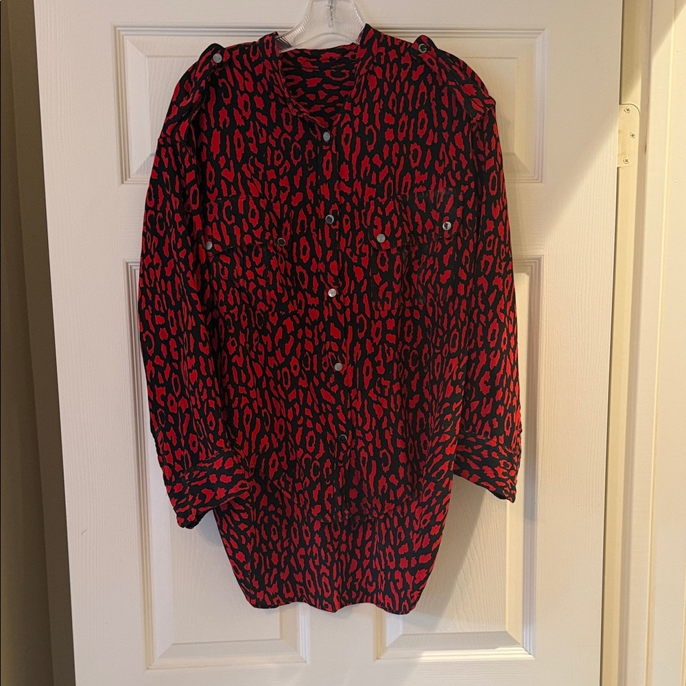 Red and Black Animal Print Button-Up Blouse